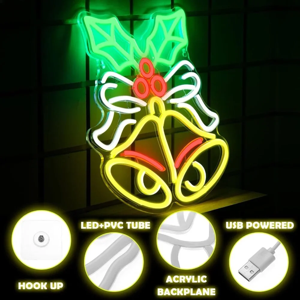 Christmas Bells Neon Sign Led Candy Dimmable Light Up Sign for Party Kids Gift